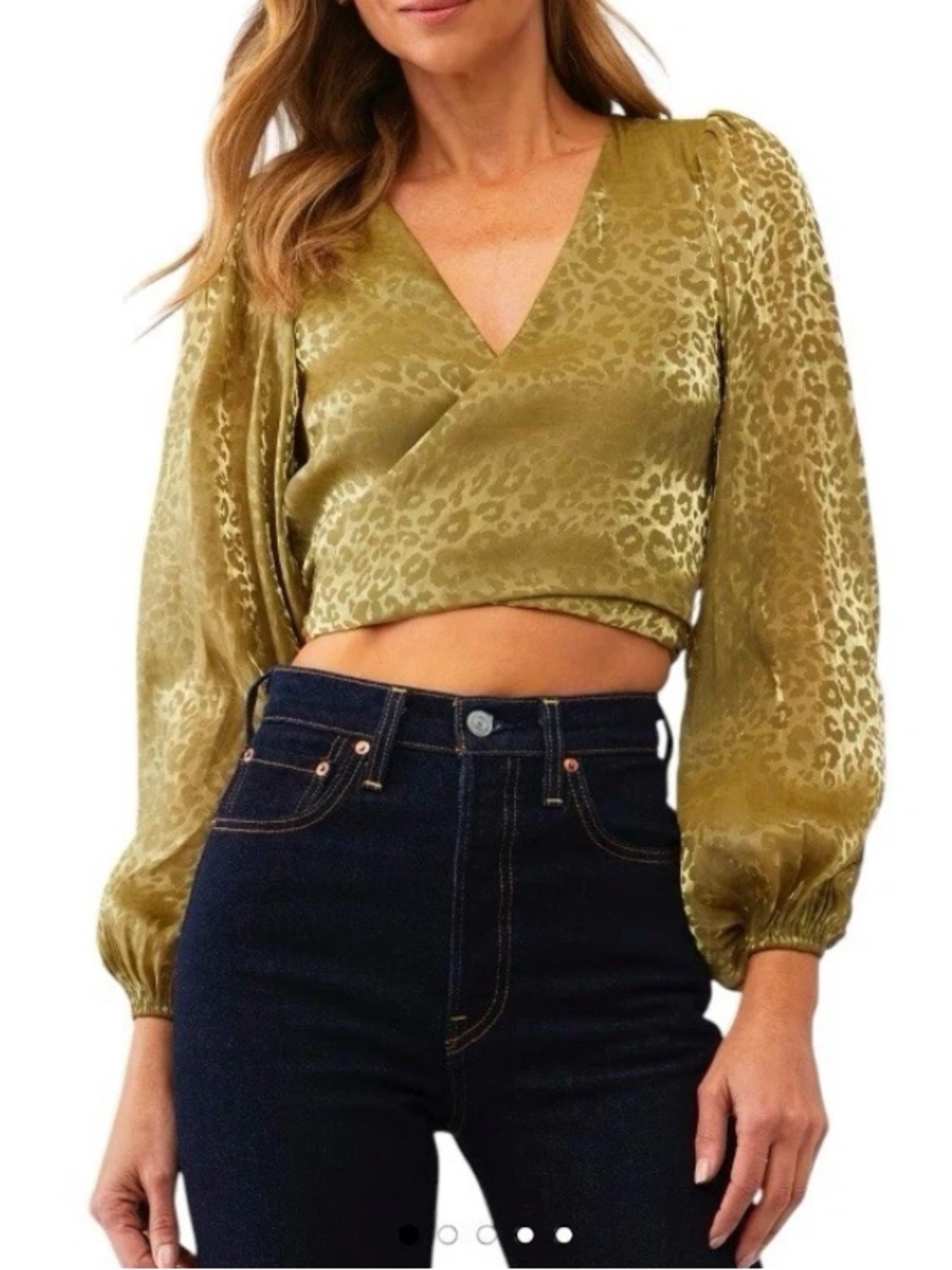 Show me your mumu green shiny Joplin cheetah wrap blouse size L
